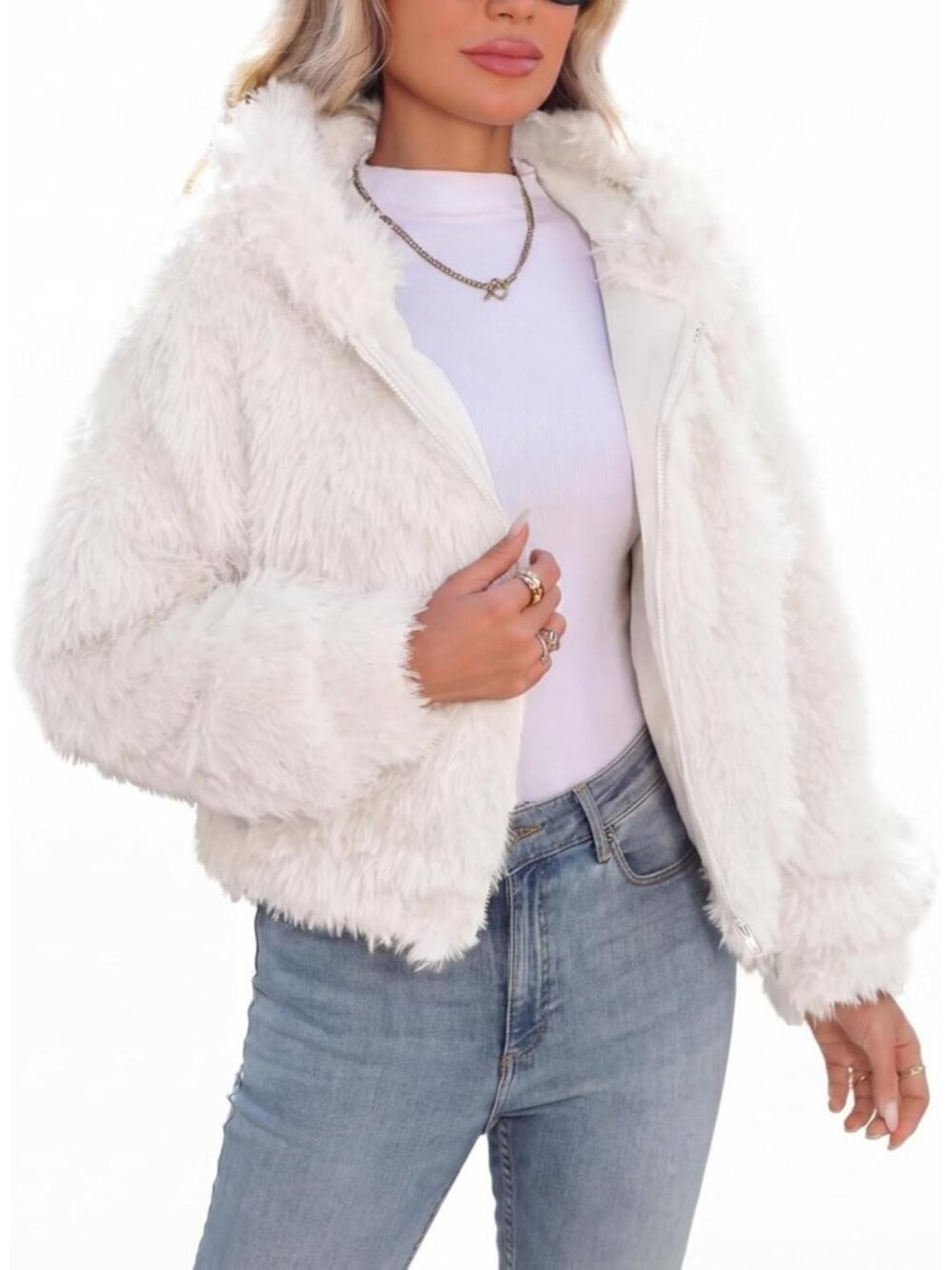 Women's White High Spread Collar Hood Long Sleeve Full Zip Winter Fleece Jacket